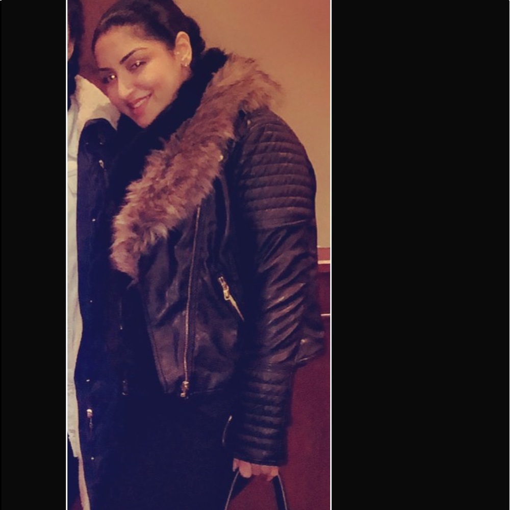 Black faux leather with brown fur collar